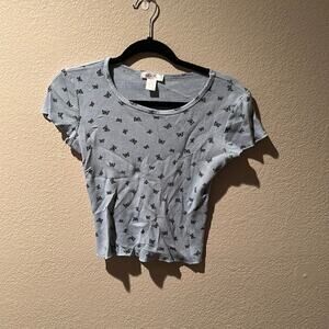 White Fawn Light Blue Butterfly design babydoll crop top Sz L